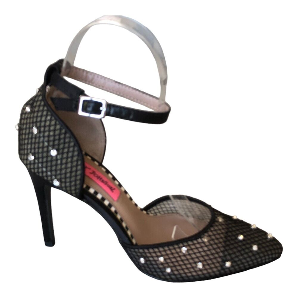 Betsey Johnson Black Mesh Rhinestone Studded 4" Heel Retro Ankle‎ Strap Sz 5.5